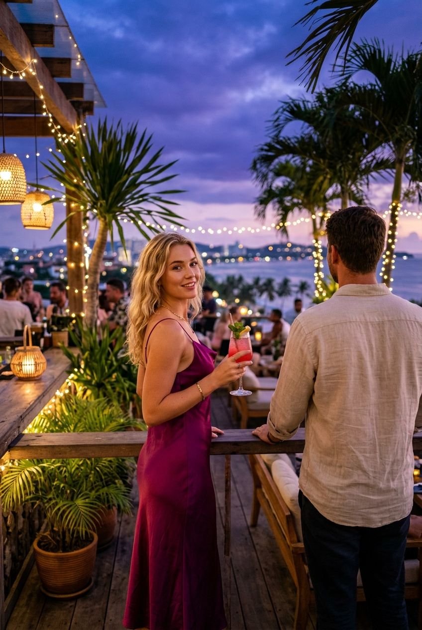 Woman in a magenta dress glancing back at a rooftop bar at dusk