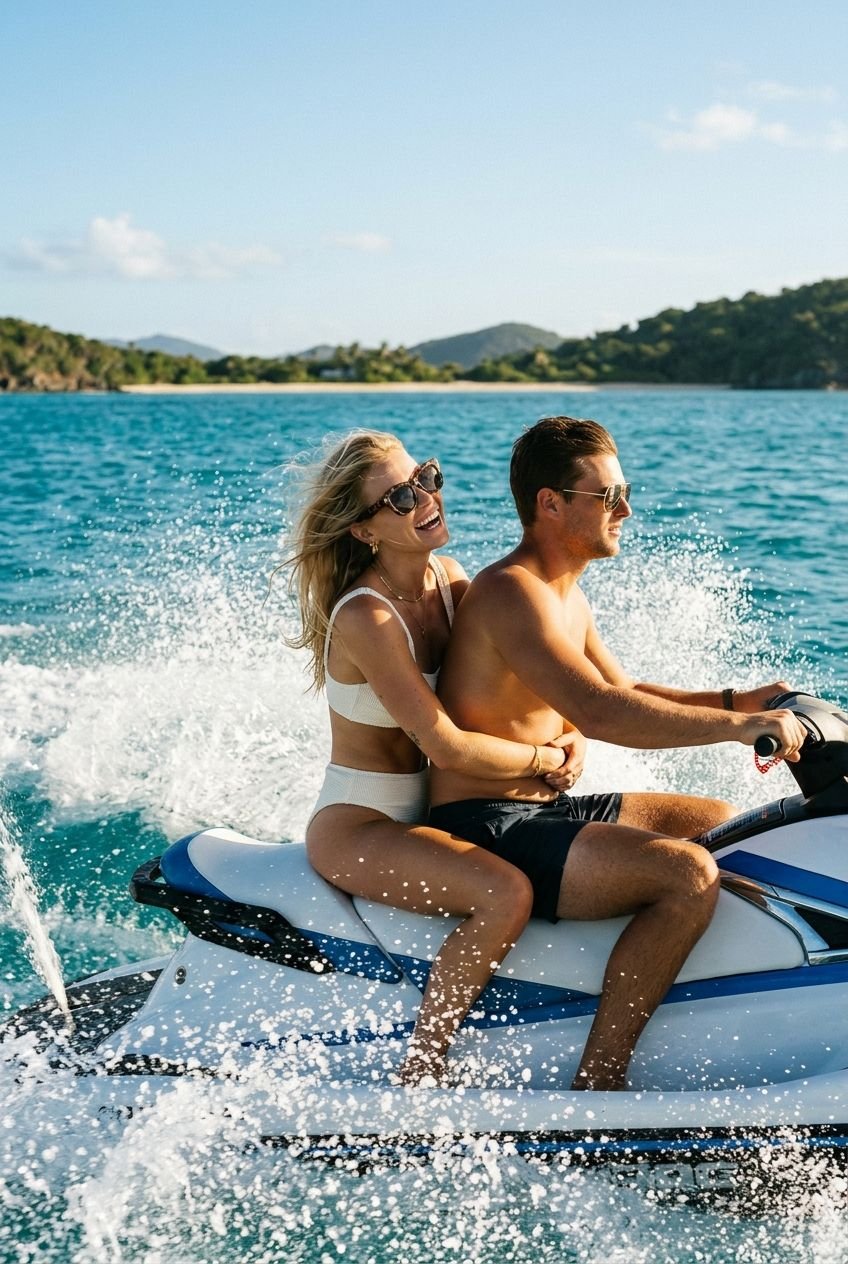 Couple riding a jet ski across turquoise water
