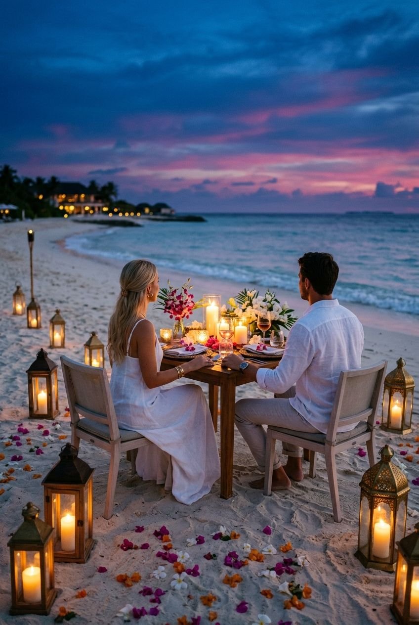 Couple at a candlelit dinner on the beach at blue hour