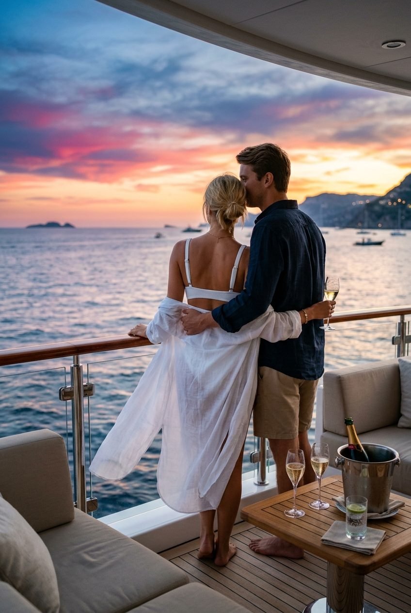 Couple on a yacht deck at sunset